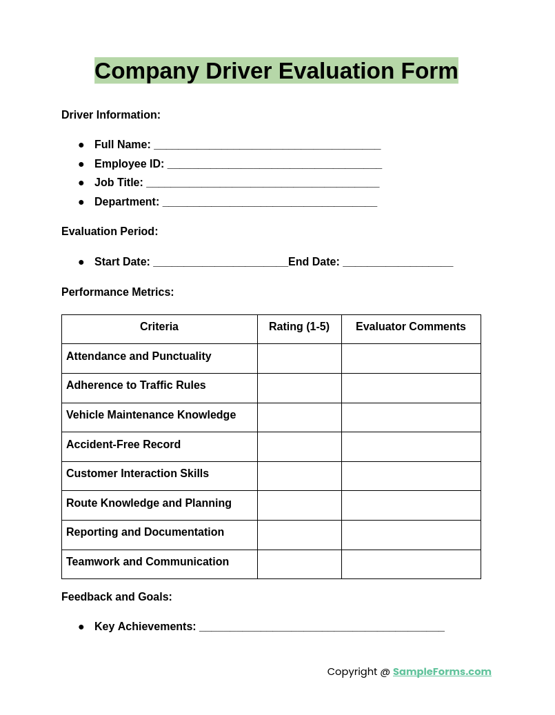 company driver evaluation form