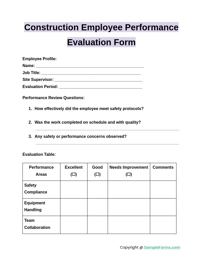 construction employee performance evaluation form