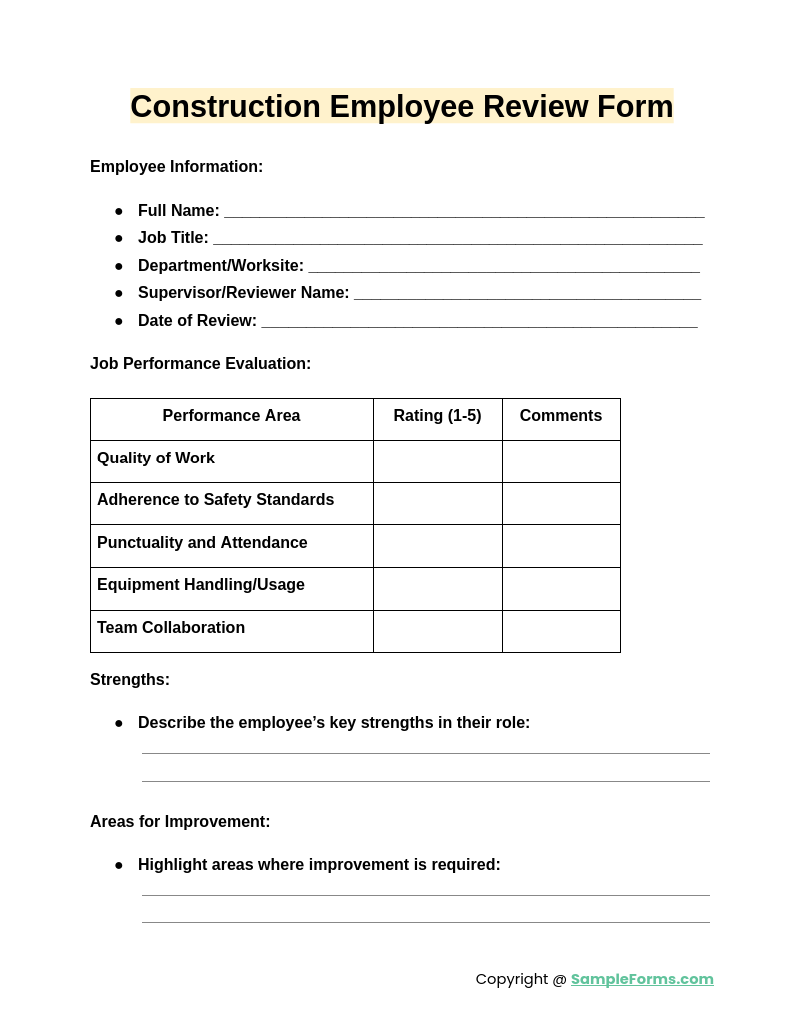 construction employee review form