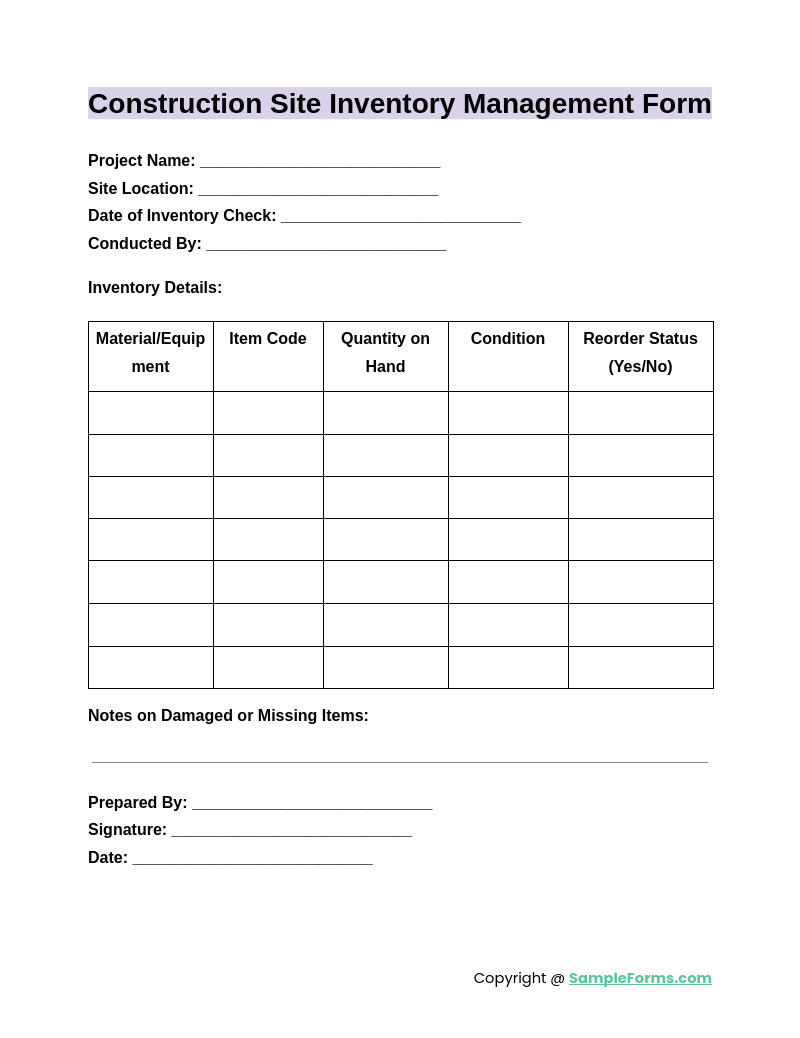 construction site inventory management form