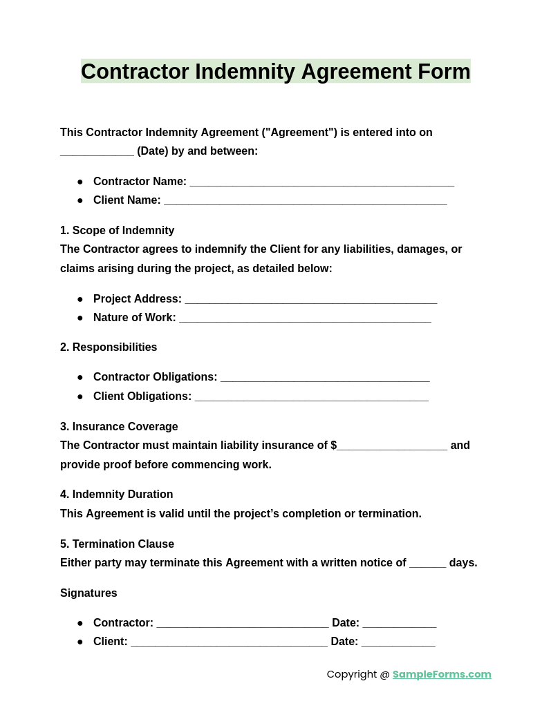 contractor indemnity agreement form