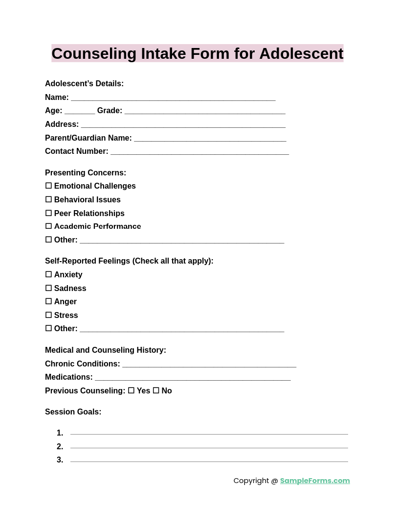 counseling intake form for adolescent