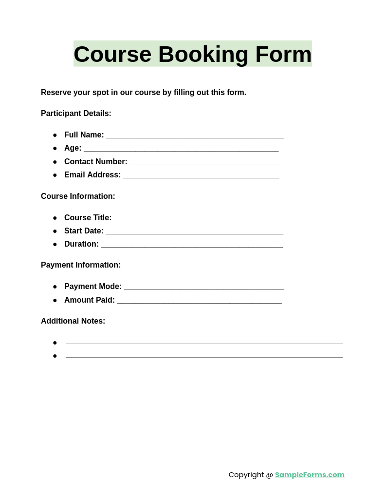 course booking form