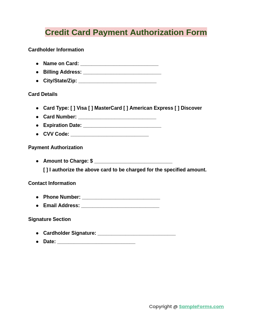 credit card payment authorization form