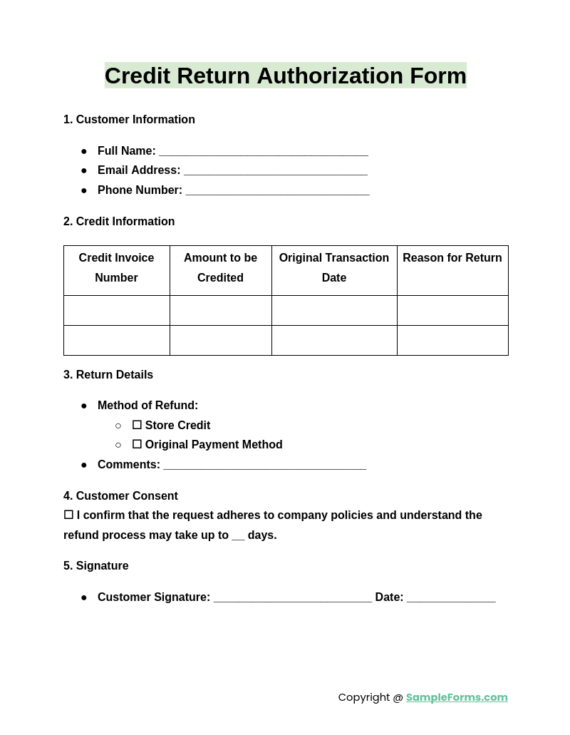 credit return authorization form