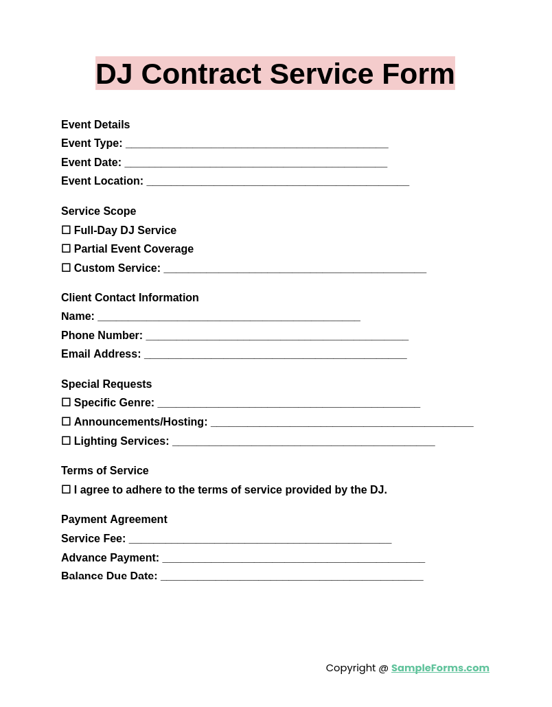 dj contract service form