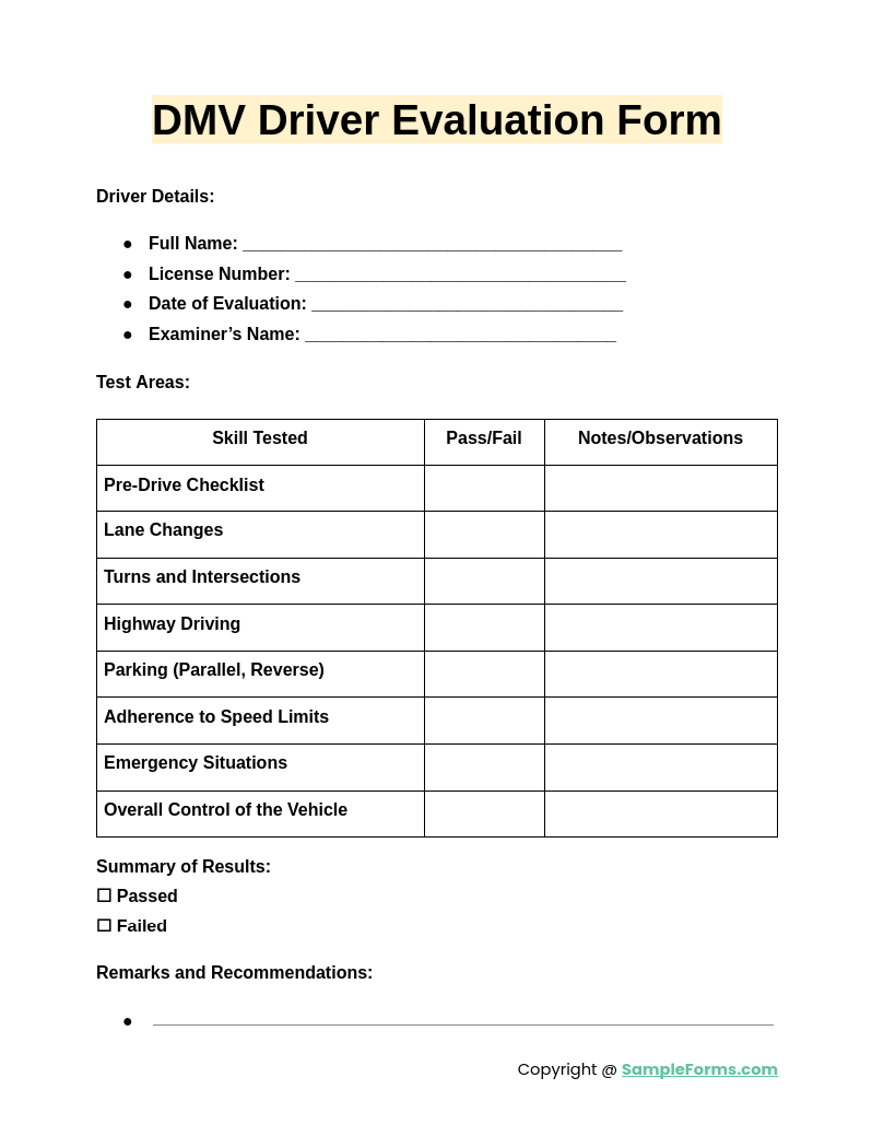 dmv driver evaluation form