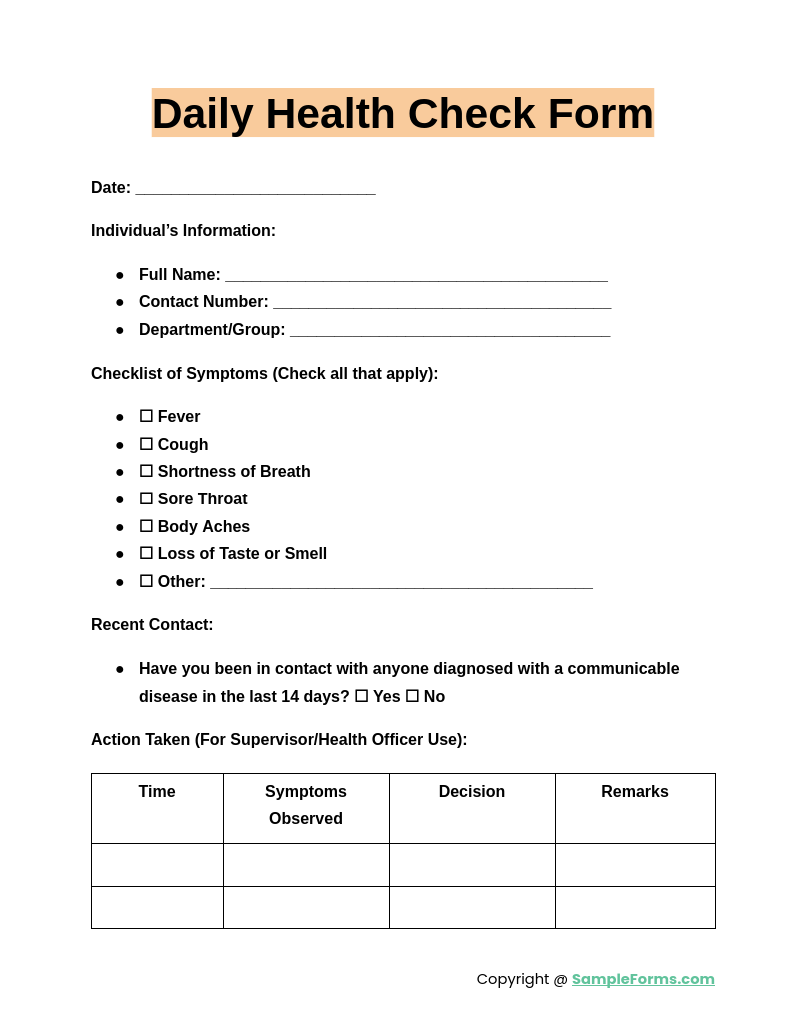 daily health check form