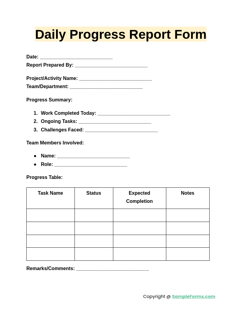 daily progress report form