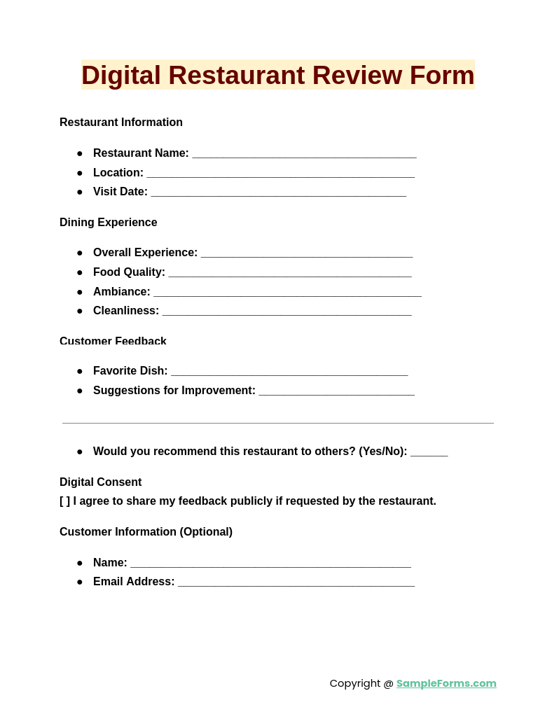 digital restaurant review form