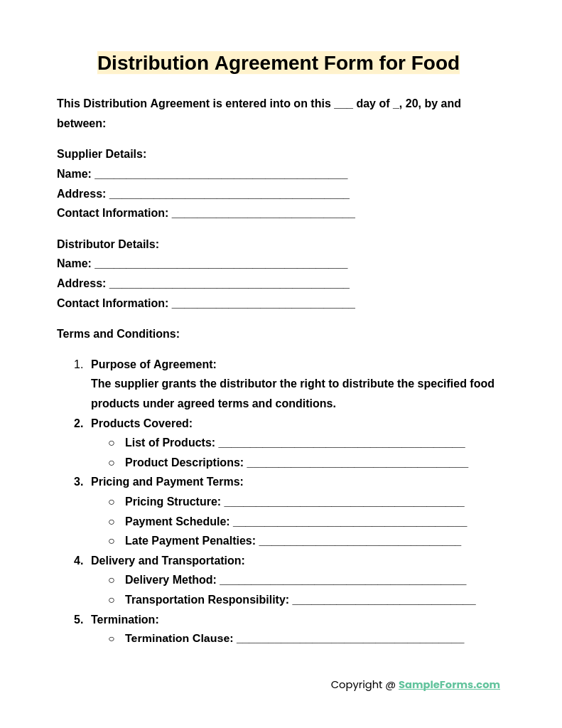 distribution agreement form for food