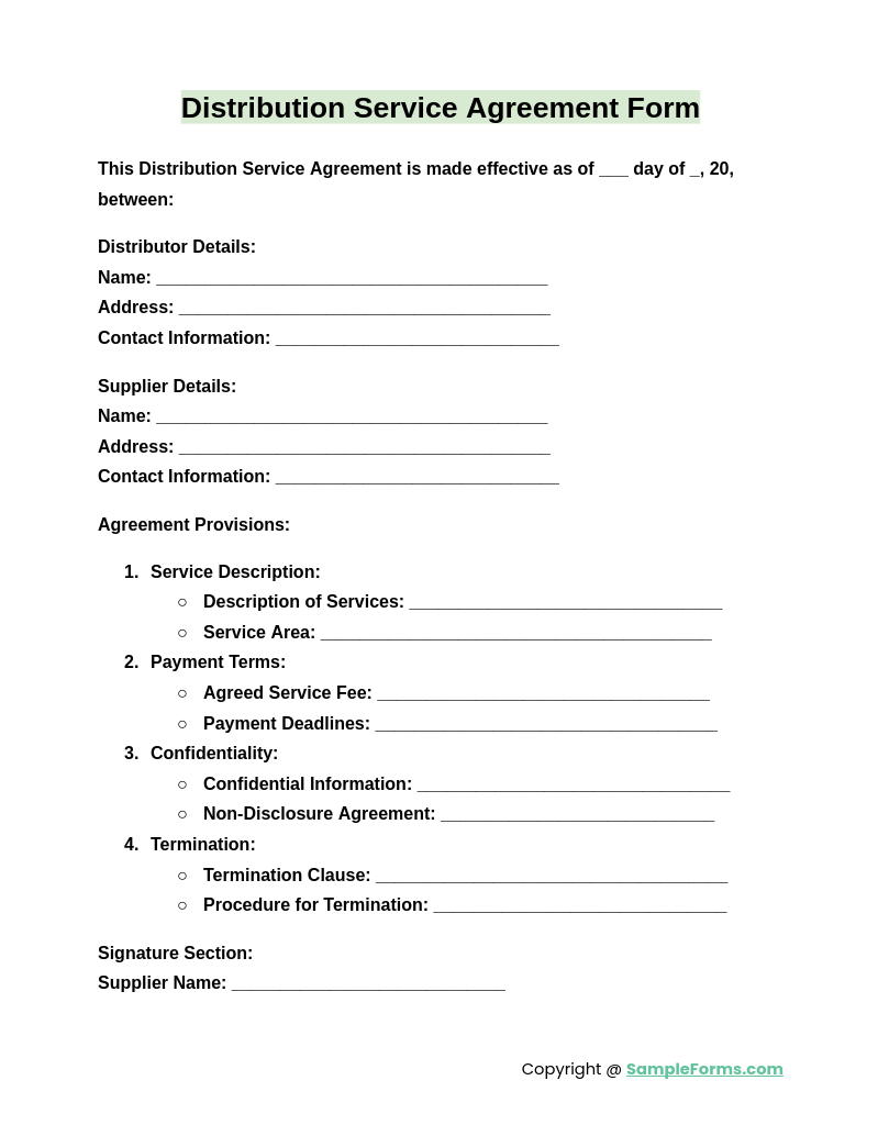 distribution service agreement form