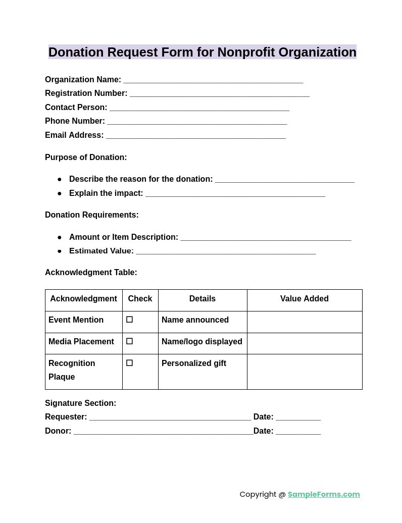 donation request form for nonprofit organization