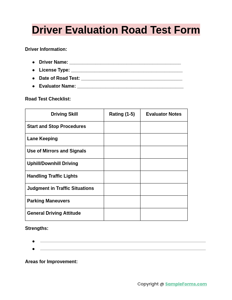 driver evaluation road test form