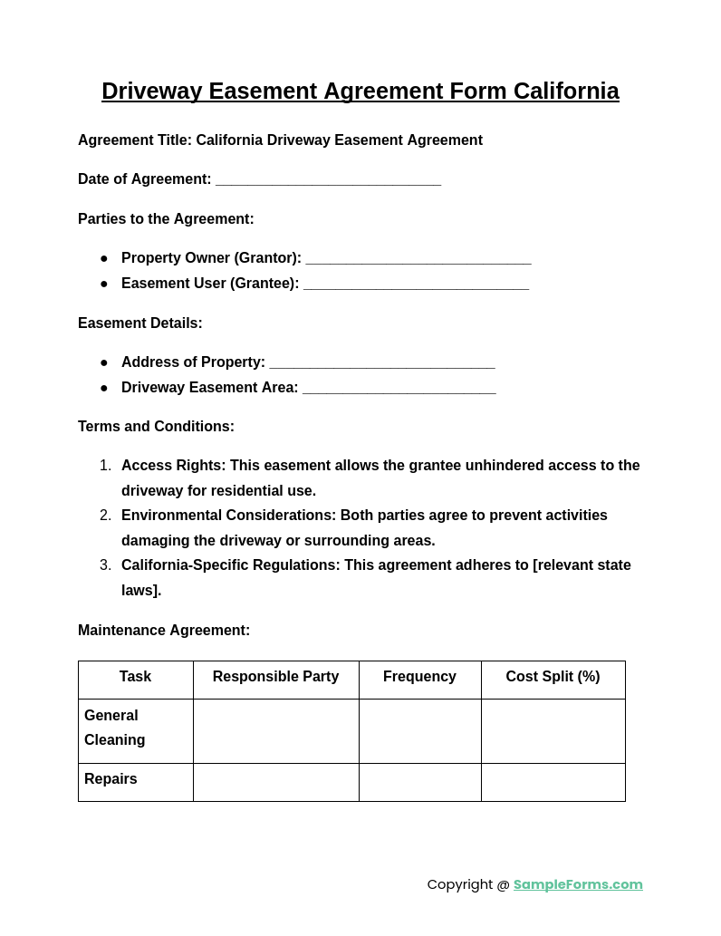 driveway easement agreement form california