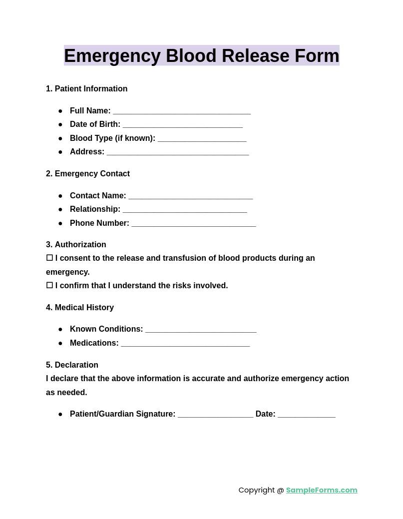 emergency blood release form