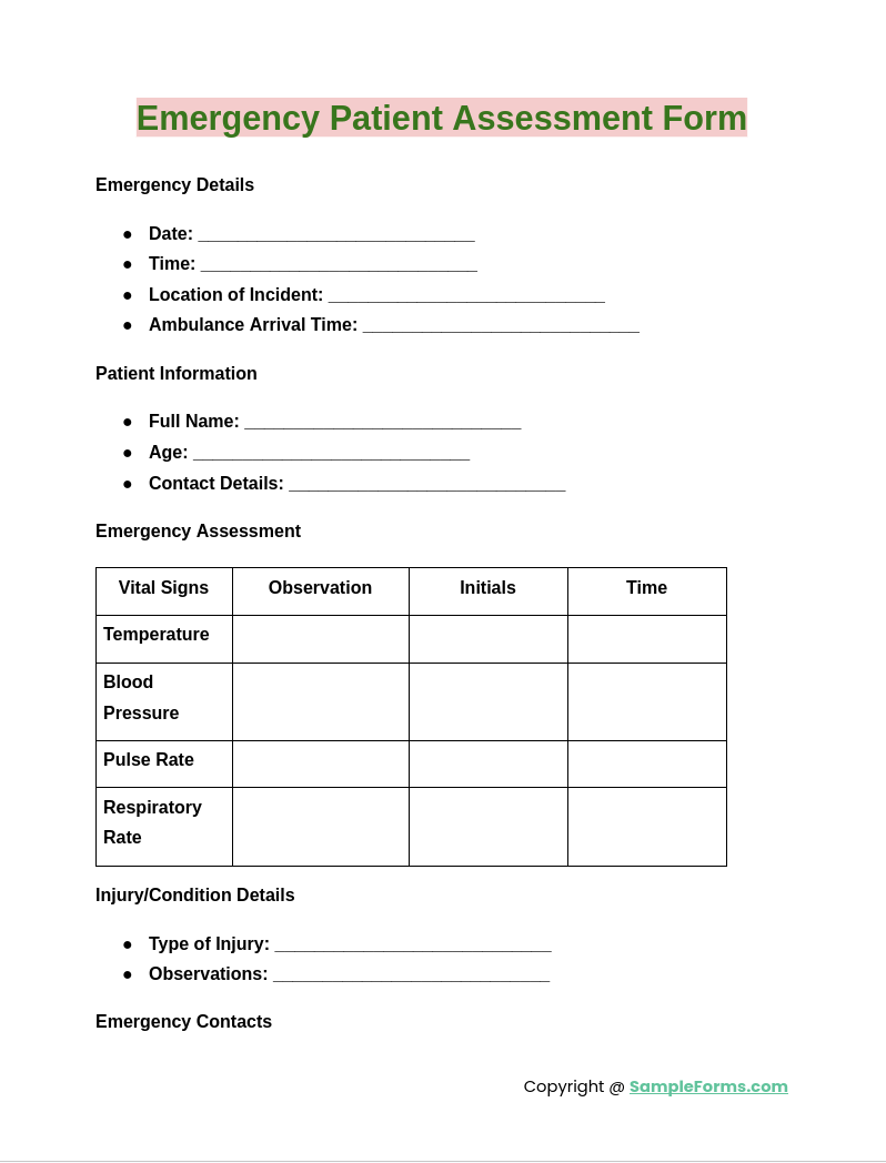 emergency patient assessment form