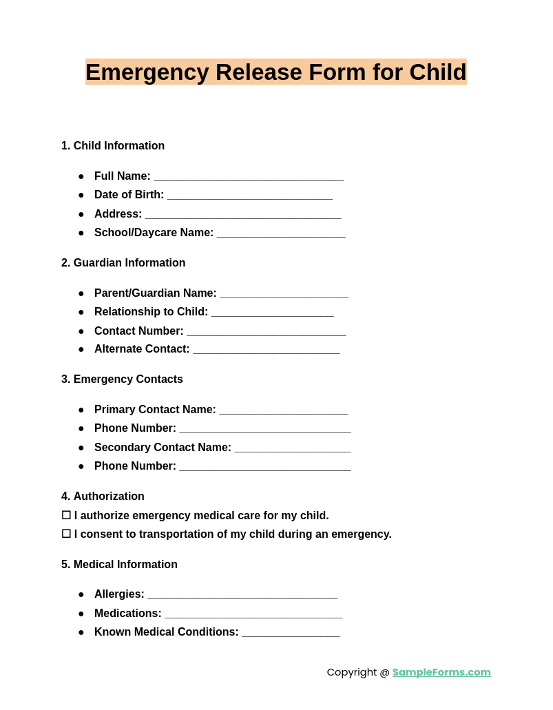 emergency release form for child