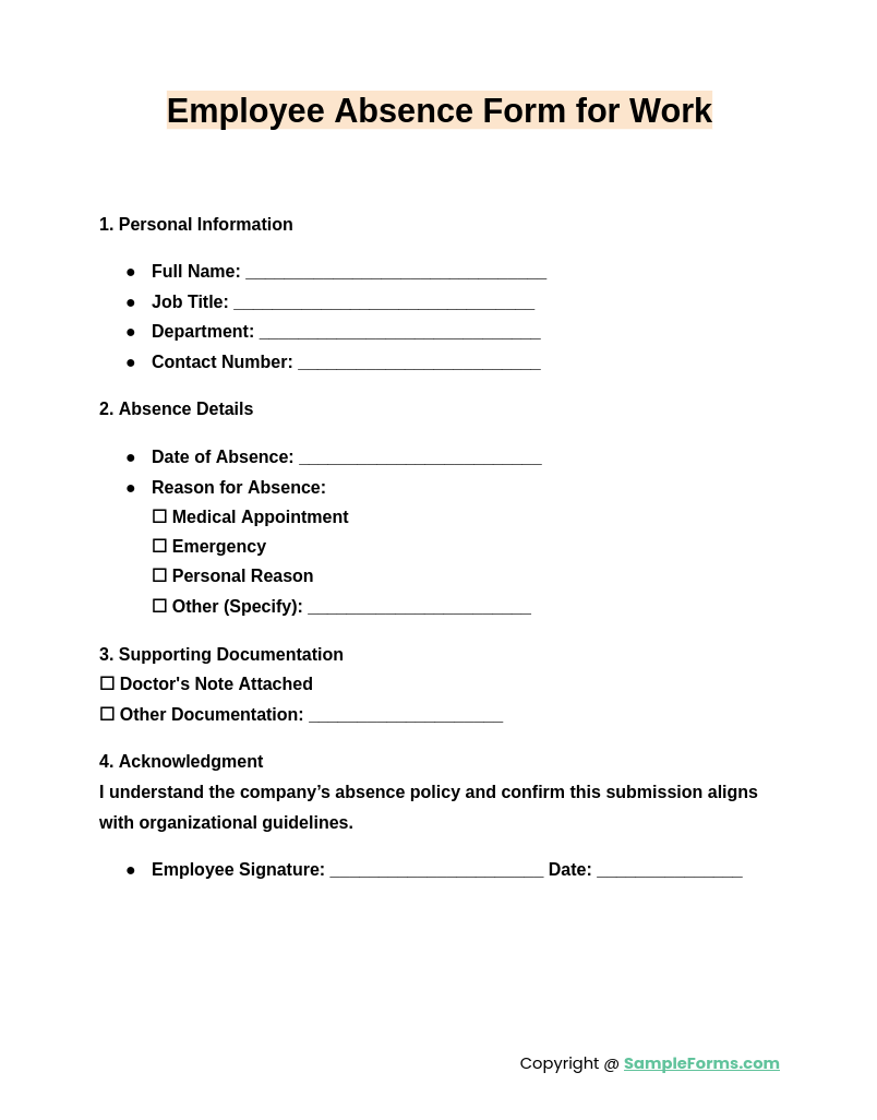 employee absence form for work