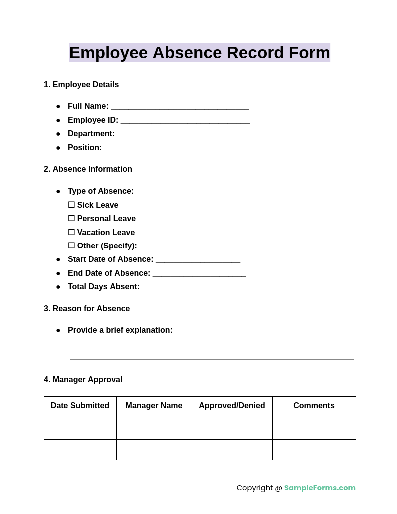 employee absence record form