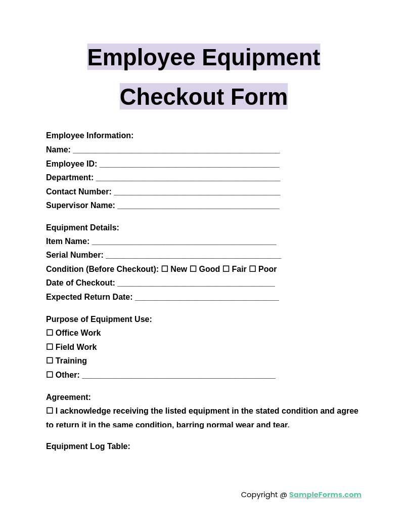 employee equipment checkout form