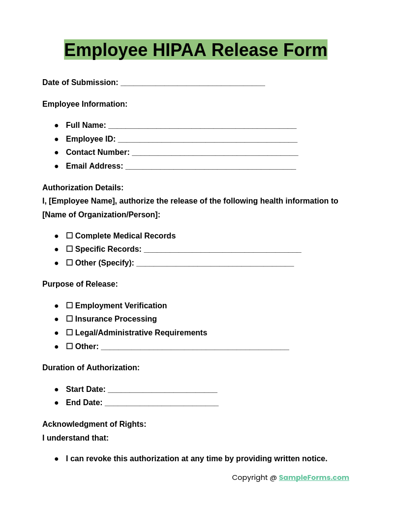 employee hipaa release form