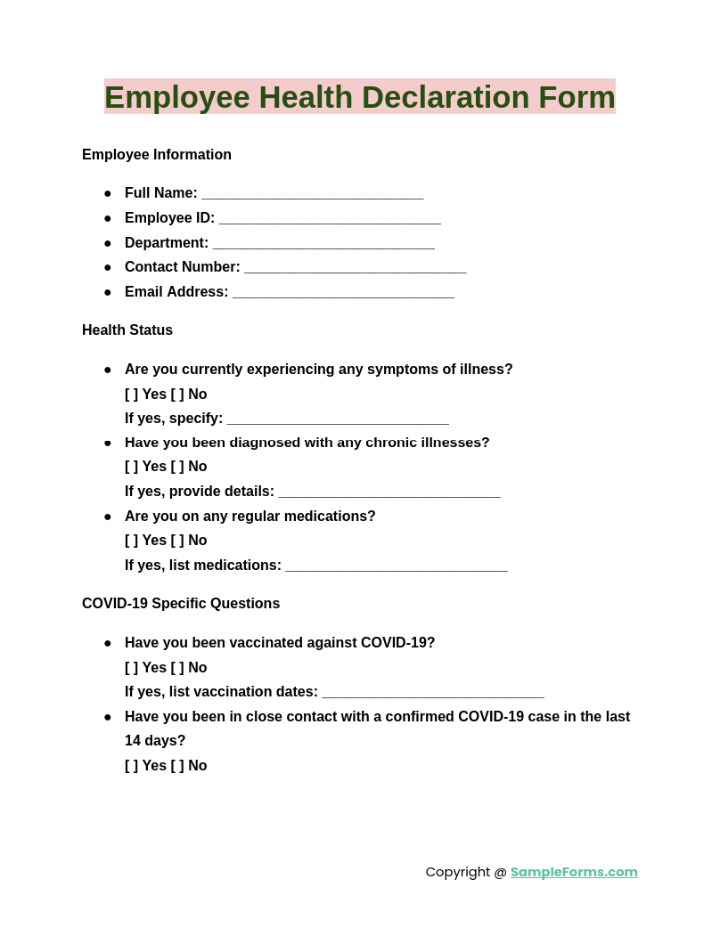 employee health declaration form