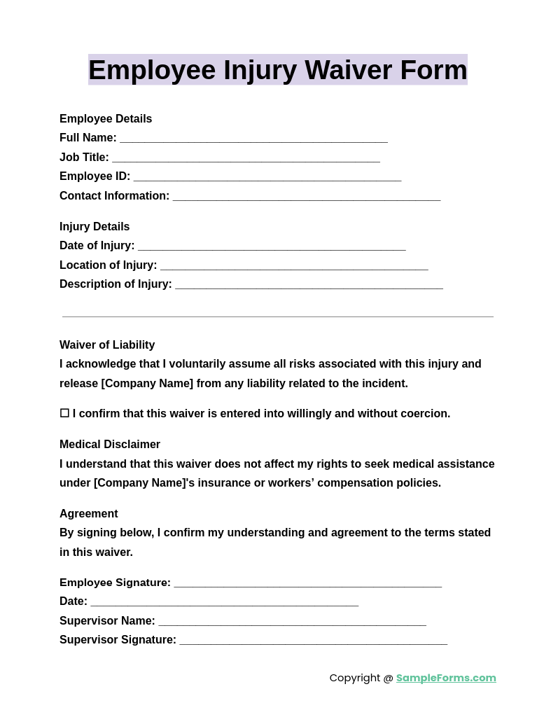 employee injury waiver form