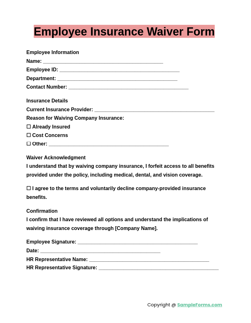 employee insurance waiver form