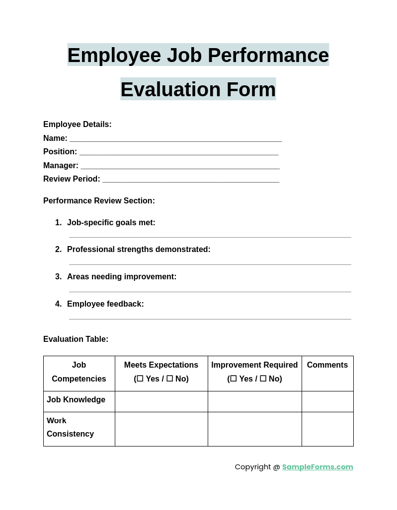 employee job performance evaluation form