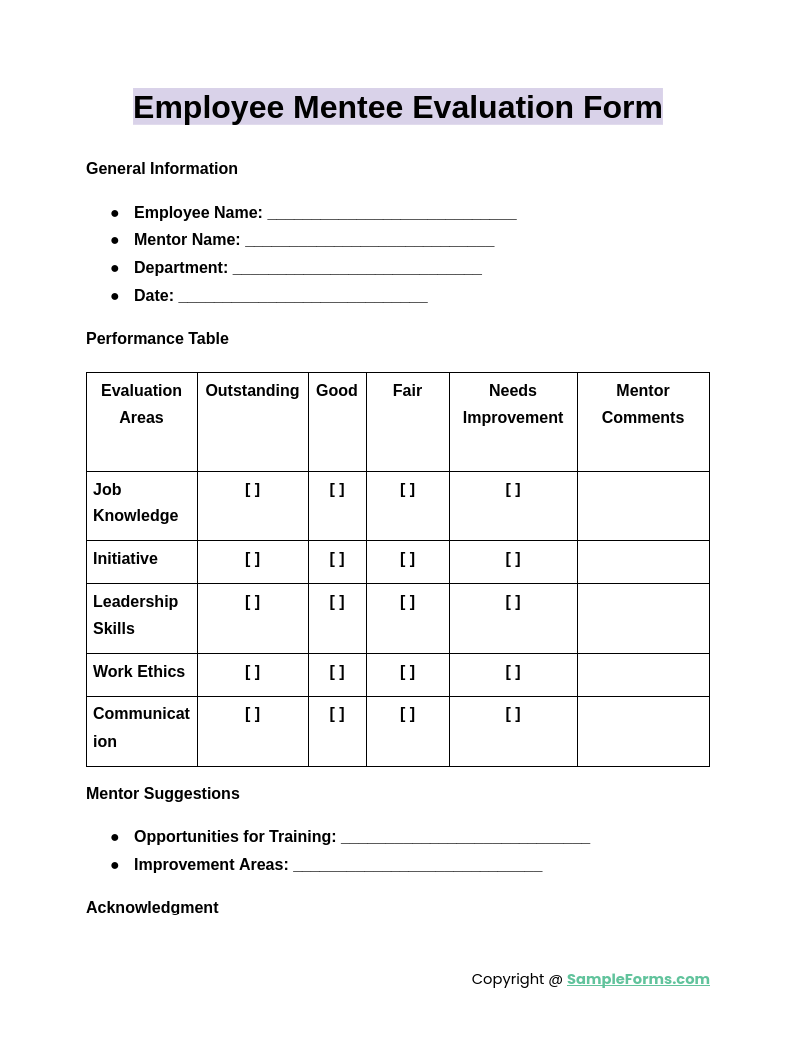 employee mentee evaluation form