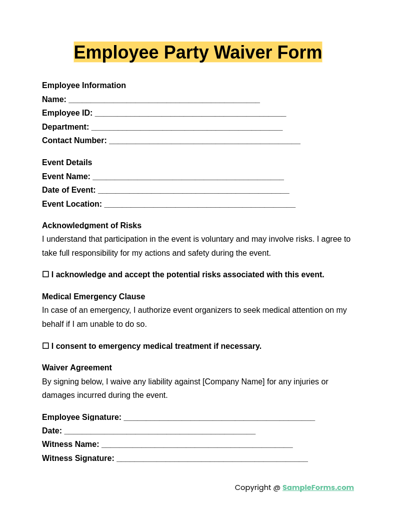 employee party waiver form