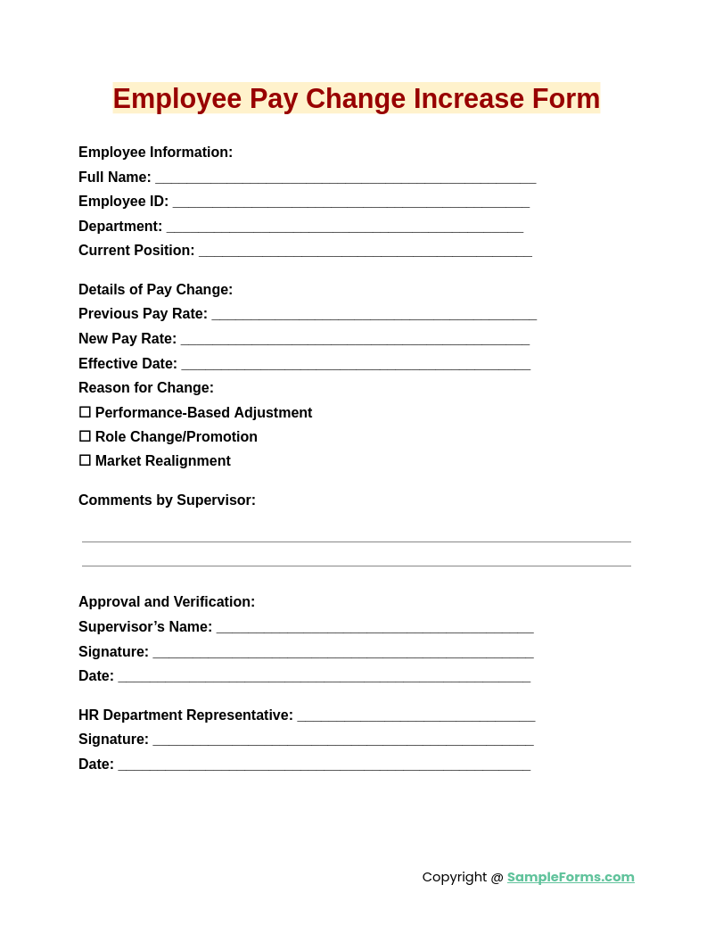 employee pay change increase form