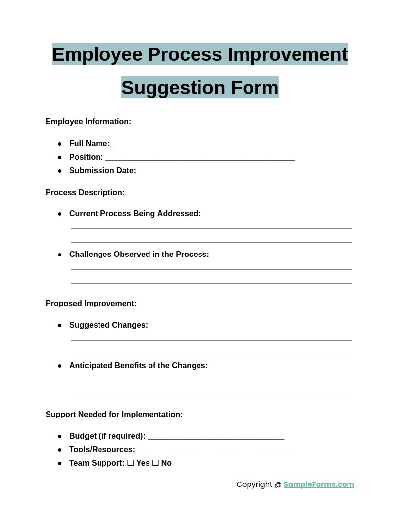 employee process improvement suggestion form