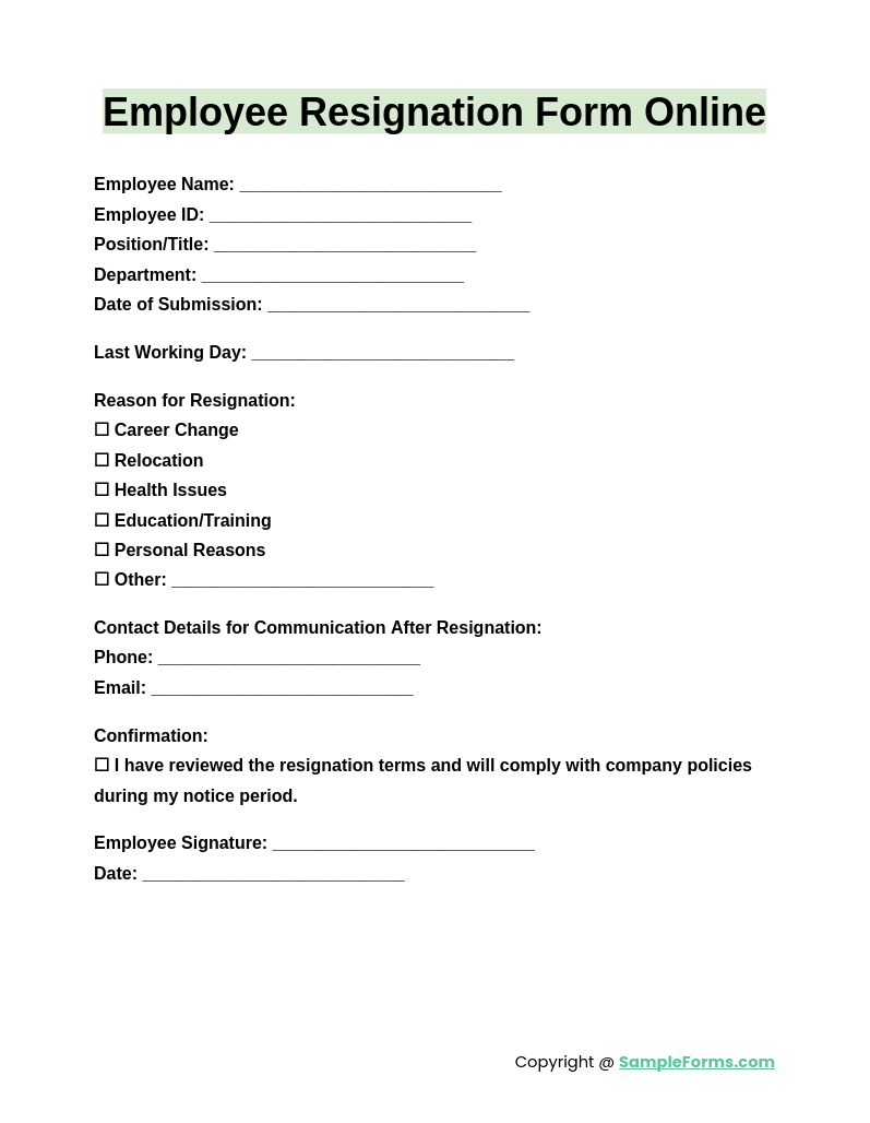 employee resignation form online