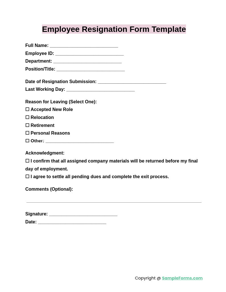 employee resignation form template