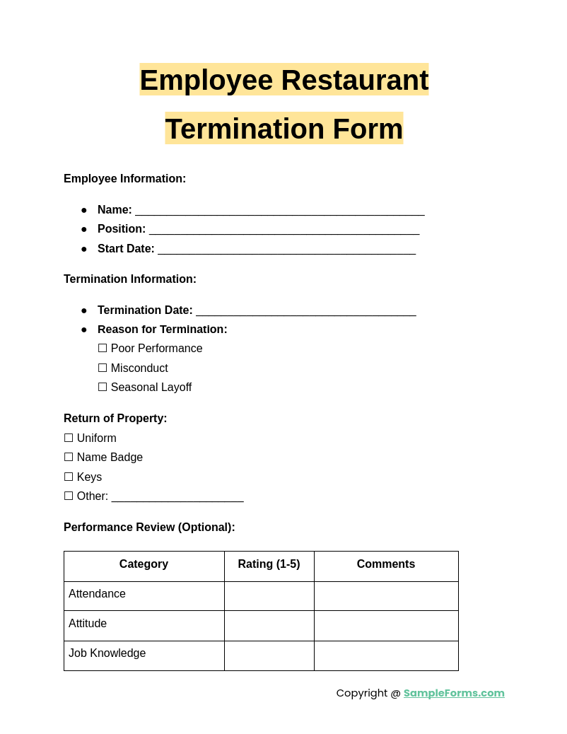 employee restaurant termination form