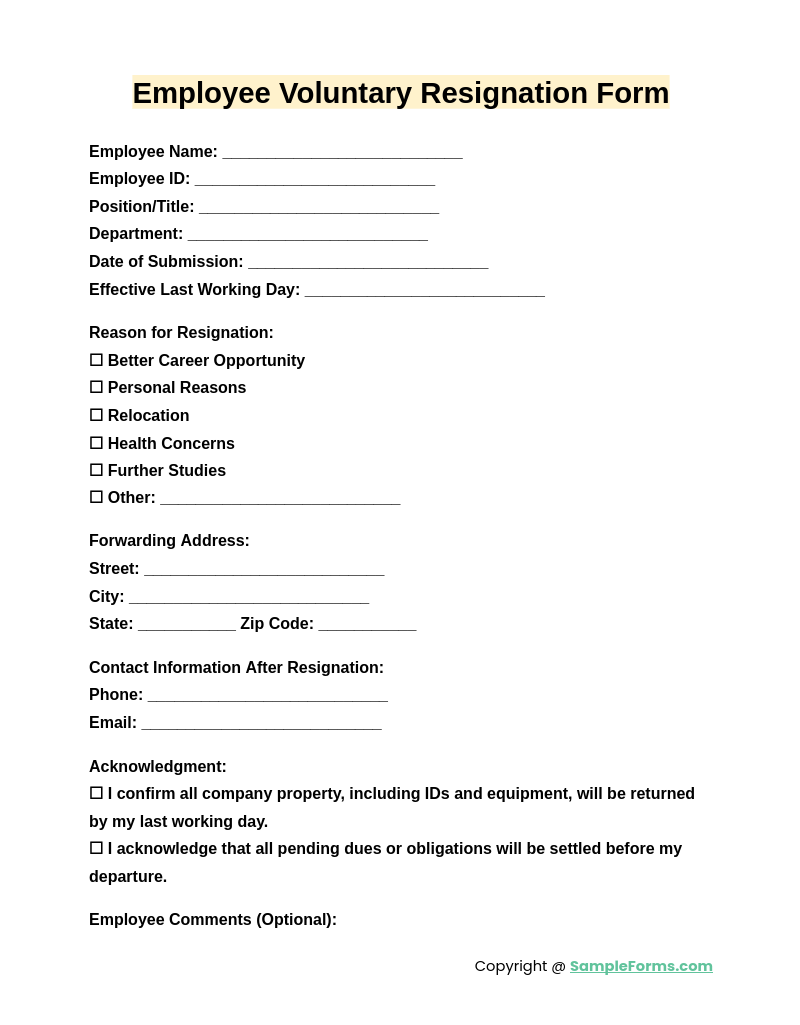 employee voluntary resignation form