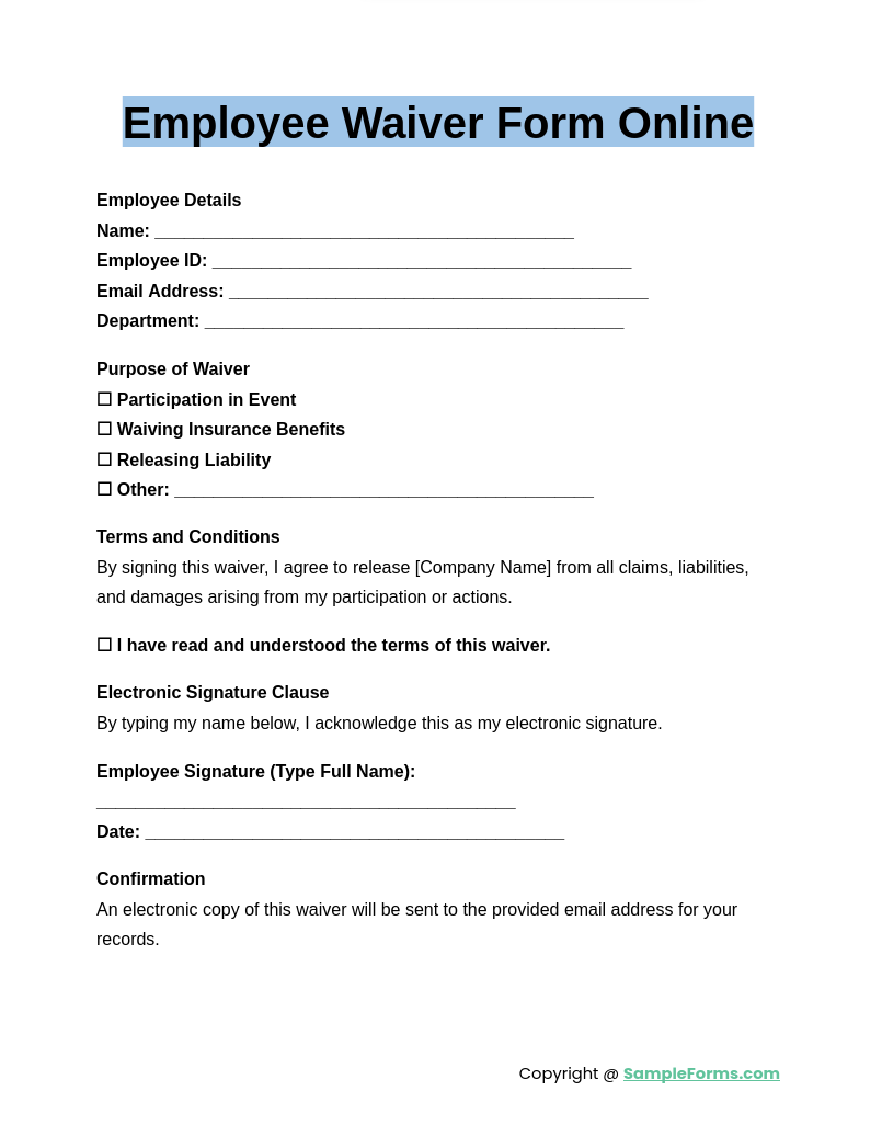 FREE 8+ Employee Waiver Form Samples, PDF, MS Word, Google Docs