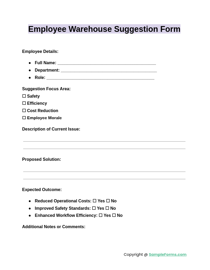 employee warehouse suggestion form