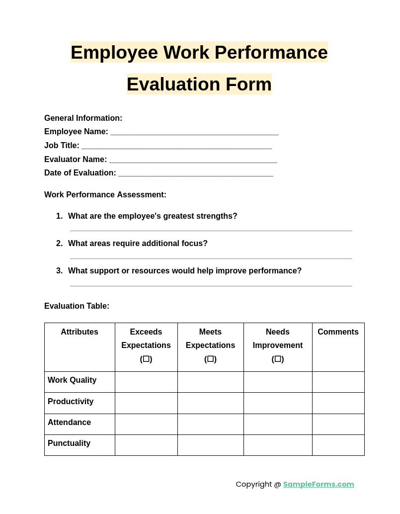 employee work performance evaluation form