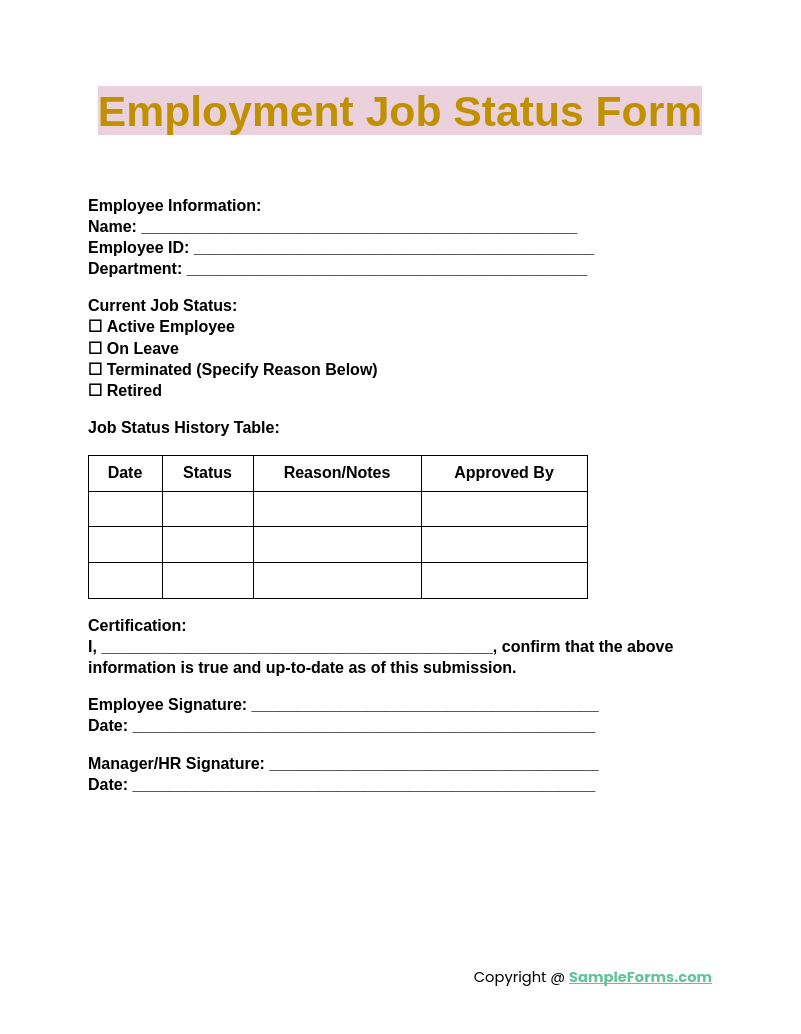 employment job status form