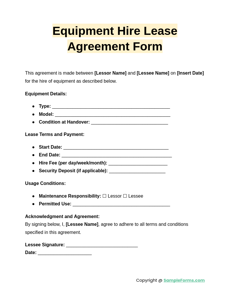 equipment hire lease agreement form