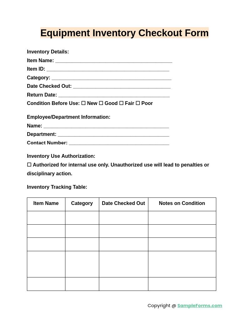 equipment inventory checkout form