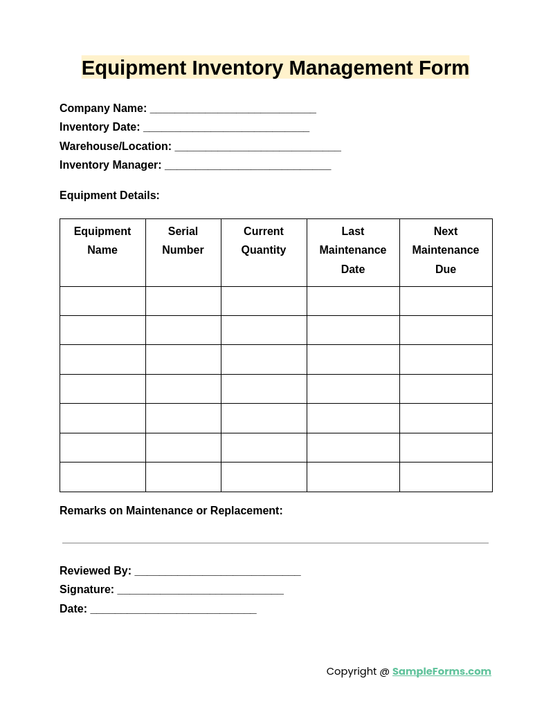 equipment inventory management form