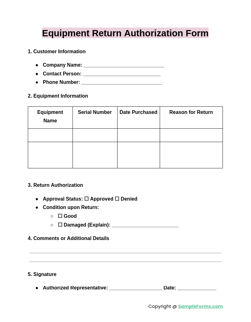 equipment return authorization form