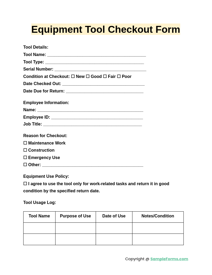 equipment tool checkout form