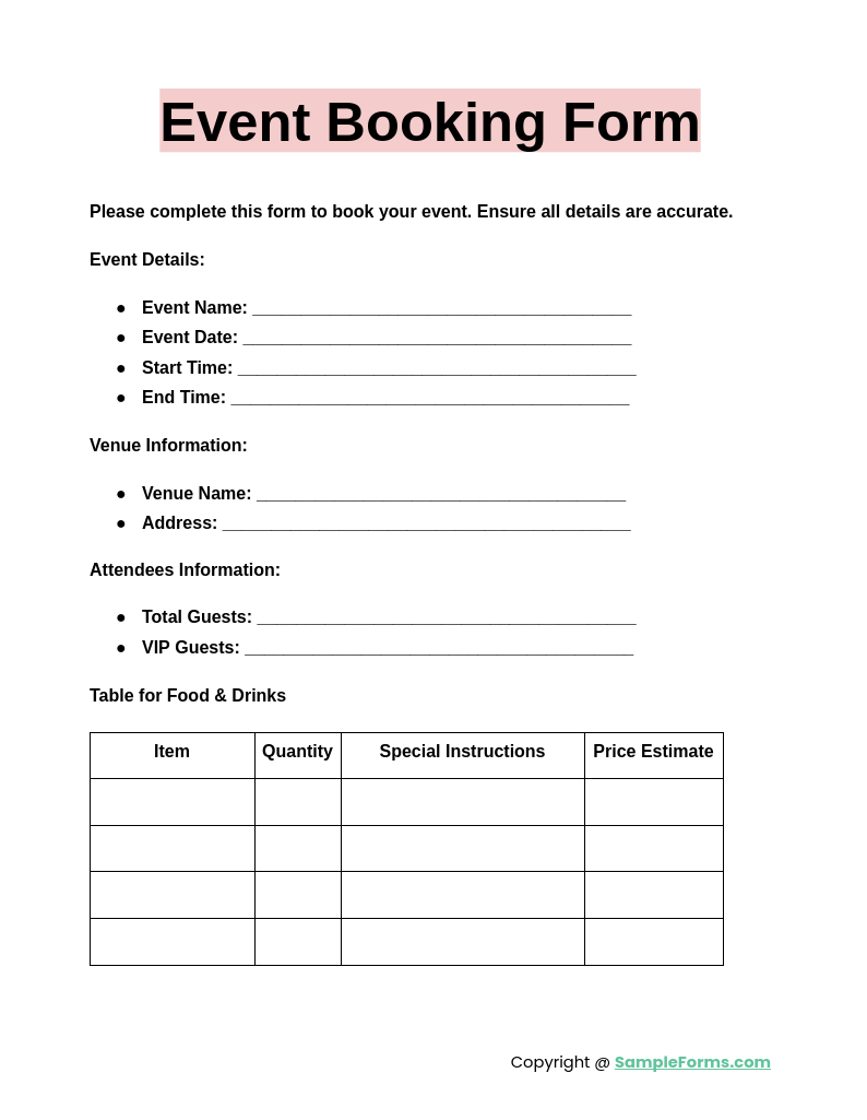 event booking form