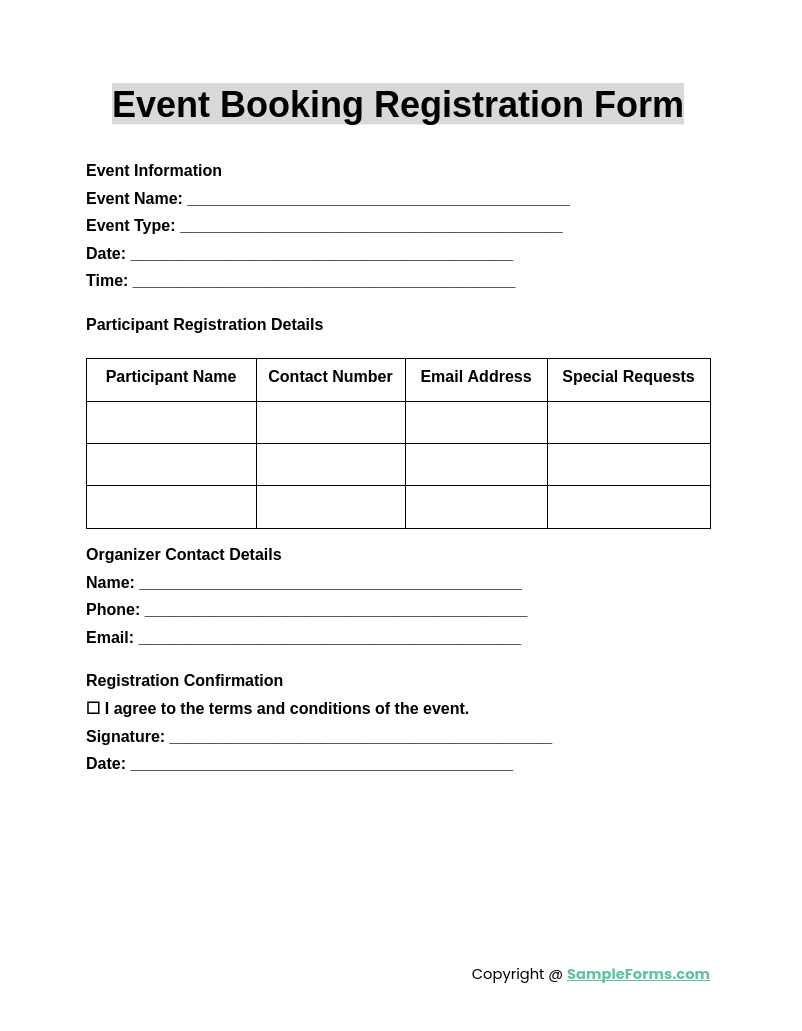 event booking registration form