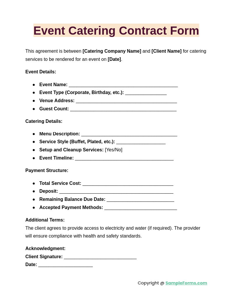 event catering contract form